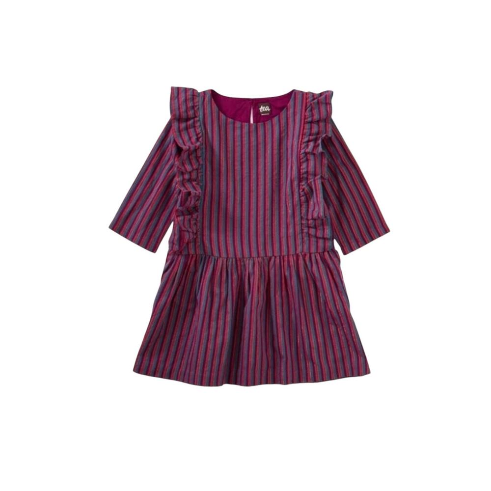 NEW Tea Collection Metallic Stripe Ruffle Dress Loganberry Size 10